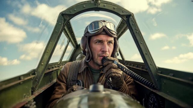 Fighter pilot calling for help mid-flight during aerial combat, historical war scene.