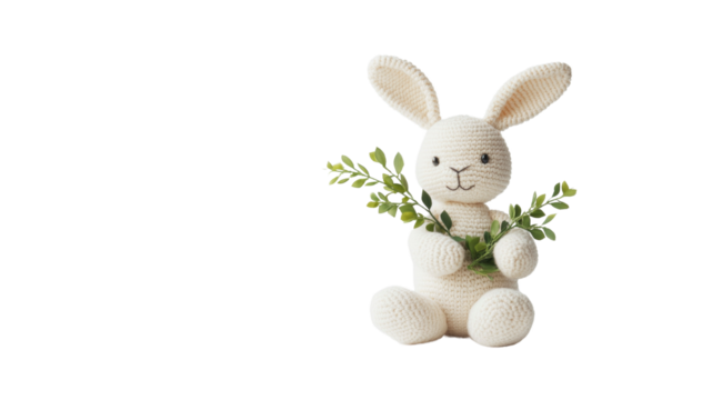 Adorable Crochet Bunny Rabbit Holding Spring Greenery - Powered by Adobe