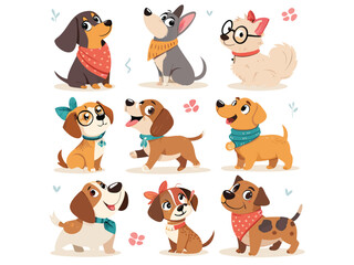 Fototapeta premium Cute Vector Cartoon Dogs – Playful Puppy Clipart Set for Stickers, Kids, and Merch