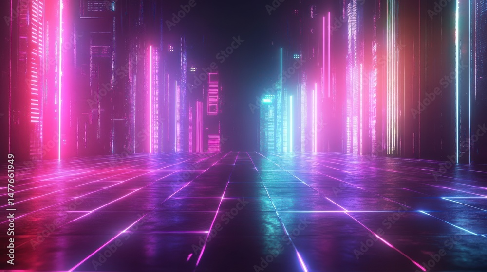 Poster abstract neon cyber game background with digital grid effect glowing lines, wallpaper ai generated i