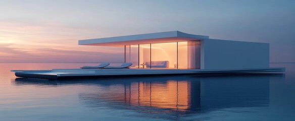 Modern Floating House on Calm Water at Sunset
