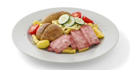 Pasta Salad with Bread, Meat Slices and Fresh Vegetables on Plate