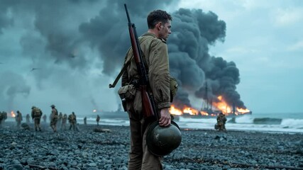 Soldier standing on a war-torn beach as battles rage around him, intensifying the tension and chaos of battle.