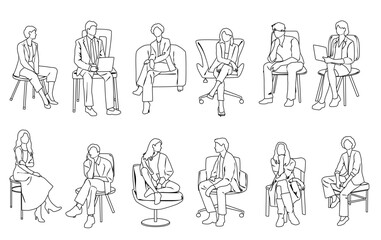 Vector silhouettes of men and women, business people,  sitting on chairs and armchairs, profile, hand draw, linear sketch, black and white color, isolated on white background