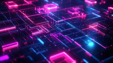 Fototapeta premium Abstract neon cyber game background with digital grid effect glowing lines, wallpaper AI generated image