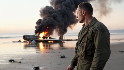 Pilot stands solemnly on a beach after having crashed his fighter jet during a combat flight.