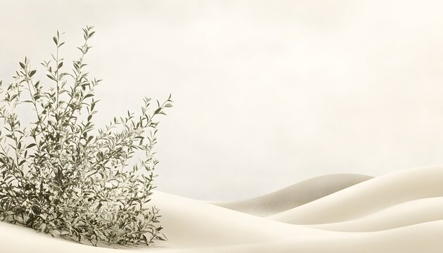 Muted tones depict a desert landscape with a small shrub.