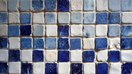 Fototapeta premium Arrangement of square mosaic tiles in shades of blue and white, forming a geometric tiled surface.