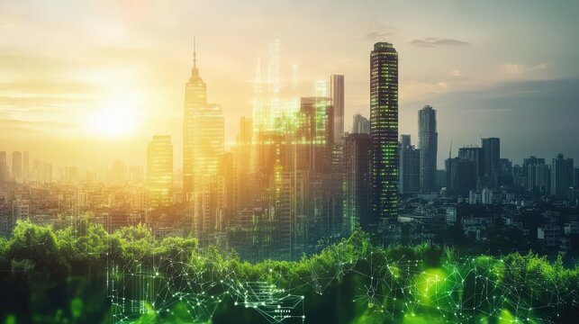 Elevated view of a futuristic city at sunrise, enhanced by glowing green technology.