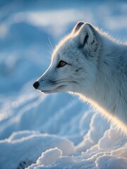 Obraz premium Arctic fox in cool ambient light during polar twilight in snowy landscape