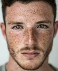Obraz premium Close-up of a man with short brown hair, light stubble, green eyes, and freckles, set against a plain light background 