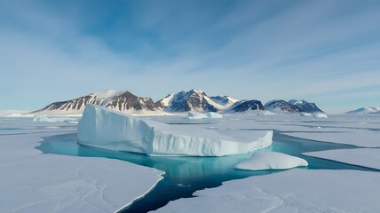 Majestic Iceberg on a Frozen Sea with SnowCapped Mountains in the Background