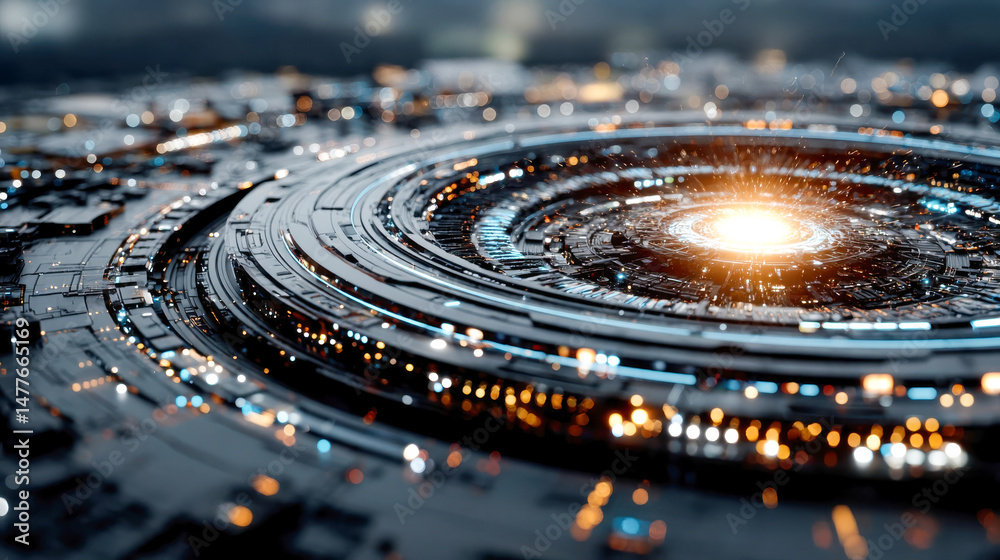 Poster abstract glowing circular structure composed of layered digital circuits and sparkling particles in 