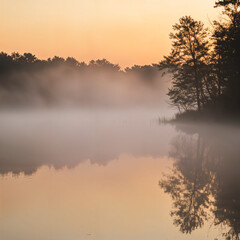 Obraz premium Misty Lake Sunrise Reflective Tranquil ai generated images ai generative