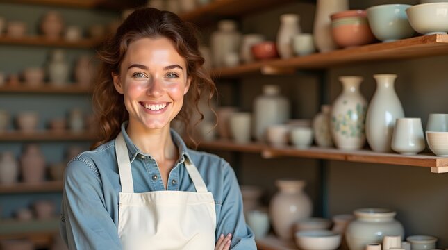 Smiling young woman with light brown hair in a pottery studio, surrounded by handmade ceramics.
