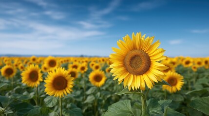 Obraz premium vibrant sunflower field under a clear blue sky, golden sunlight, soft clouds 