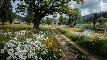 Country road through wildflower meadow