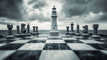 Chess game against a dramatic backdrop of a lighthouse and stormy sky by the sea at dusk