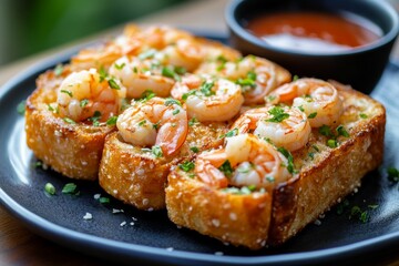 golden fried tofu toast topped with succulent shrimp and garnished with chives served with dipping sauce