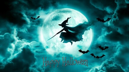 Halloween Witch Silhouette Flying on Moonlight Night