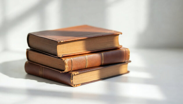 An inviting image of three old books stacked high. A captivating collection of timeless literature, waiting to be read. Capturing the warmth of knowledge and the charm of the olden days. - Powered by Adobe