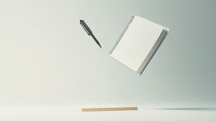 Floating notebook and pen above a ruler