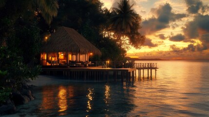 Obraz premium Tropical Overwater Bungalow at Sunset