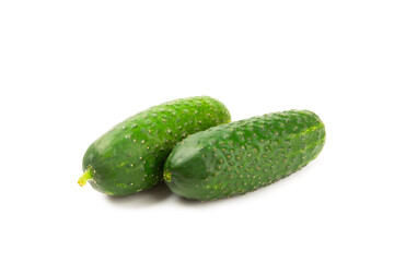 Cucumber isolated on white background. Slice of cucumber on white background. Fresh organic green cucumbers. Vegan. Ingredient for salad. Farm vegetables.