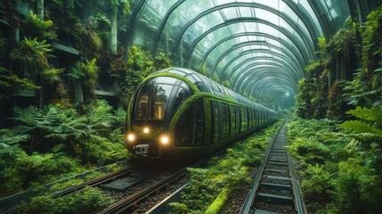 High-speed eco-trains glide through clear tunnels above a green, sustainable city.