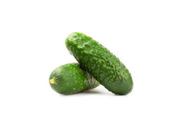 Cucumber isolated on white background. Slice of cucumber on white background. Fresh organic green cucumbers. Vegan. Ingredient for salad. Farm vegetables.