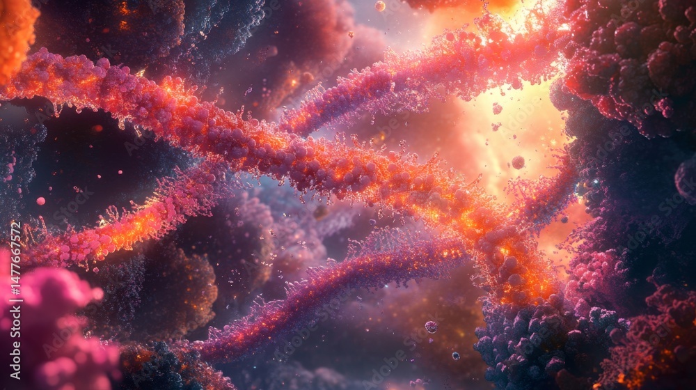 Poster dynamic evolution of dna strands in a colorful microenvironment digital art abstract conceptual view
