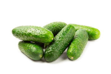 Cucumber isolated on white background. Slice of cucumber on white background. Fresh organic green cucumbers. Vegan. Ingredient for salad. Farm vegetables.