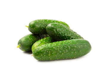 Cucumber isolated on white background. Slice of cucumber on white background. Fresh organic green cucumbers. Vegan. Ingredient for salad. Farm vegetables.
