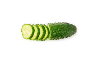 Cucumber isolated on white background. Slice of cucumber on white background. Fresh organic green cucumbers. Vegan. Ingredient for salad. Farm vegetables.