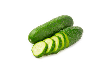 Cucumber isolated on white background. Slice of cucumber on white background. Fresh organic green cucumbers. Vegan. Ingredient for salad. Farm vegetables.