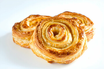 Fototapeta premium Close up of flaky swirls pastry golden brown and crisp freshly baked puff pastry delicious appetizing and tempting captured in high quality studio lighting