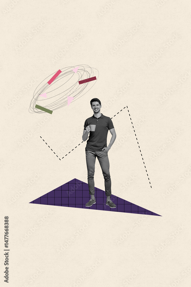 Poster poster pop collage of person stand on pastel background with drawing graphs messy lines