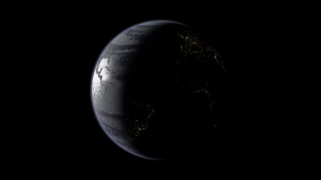 3d rendered animation of planet earth from space rotating.  Light and dark sides are shown.  Animation repeats seamlessly so can run in a loop for continuously rotating earth effect.