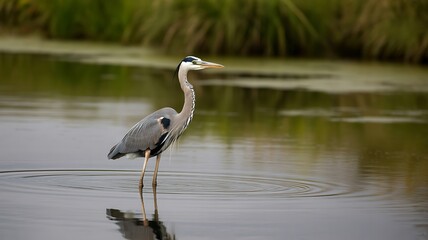 Fototapeta premium A Great Blue Heron stands serenely in water with reflections and ripples