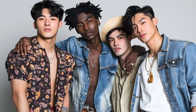 Four young men pose together in casual attire.