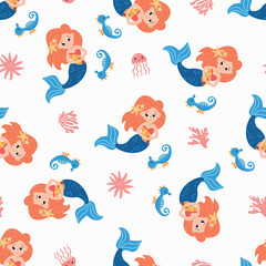 Seamless pattern with cute mermaids, seahorses, jellyfish and corals. Design for fabrics, textiles, wallpapers, packaging.	