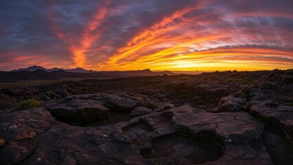 Dramatic sunset over volcanic rocks,  vibrant colors.