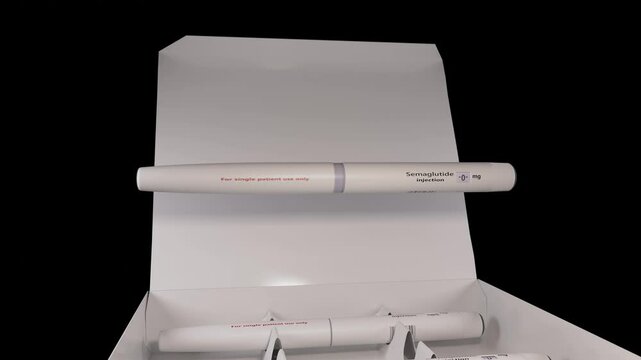 3d rendered animation of a semaglutide injection pen and its packaging.