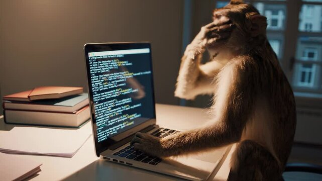 Tired programmer monkey working intensely on laptop, coding late with stressed facial expression during software development project