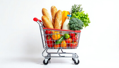 A vibrant shopping cart overflowing with a colorful assortment of fresh produce, dairy, and bakery items, creating a delicious and healthy still-life.