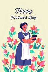 Happy Mothers Day greeting card with cute woman in uniform and flowers. Vector illustration.