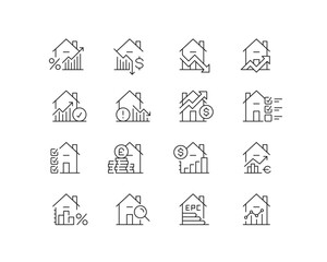 Housing metrics Icon collection containing 16 editable stroke icons. Perfect for logos, stats and infographics. Edit the thickness of the line in Adobe Illustrator (or any vector capable app).