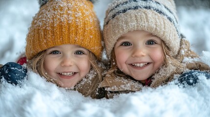 Happy toddlers playing in snowy winter park