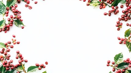 Fototapeta premium Closeup of fresh coffee beans and cherry fruits natural setting food photography bright environment aromatic concept