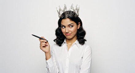 Obraz premium Intriguing Queen with a Crown and Pen Standing Before a White Background Creates a Transparent PNG Image